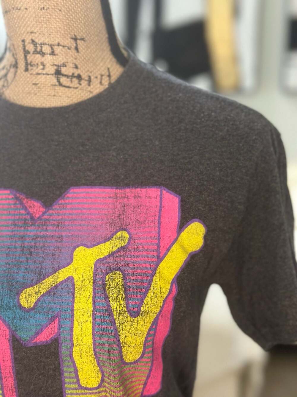 MTV Music Television Distressed Neon Fade Stripe Logo Graphic T-Shirt - Picture 2 of 6